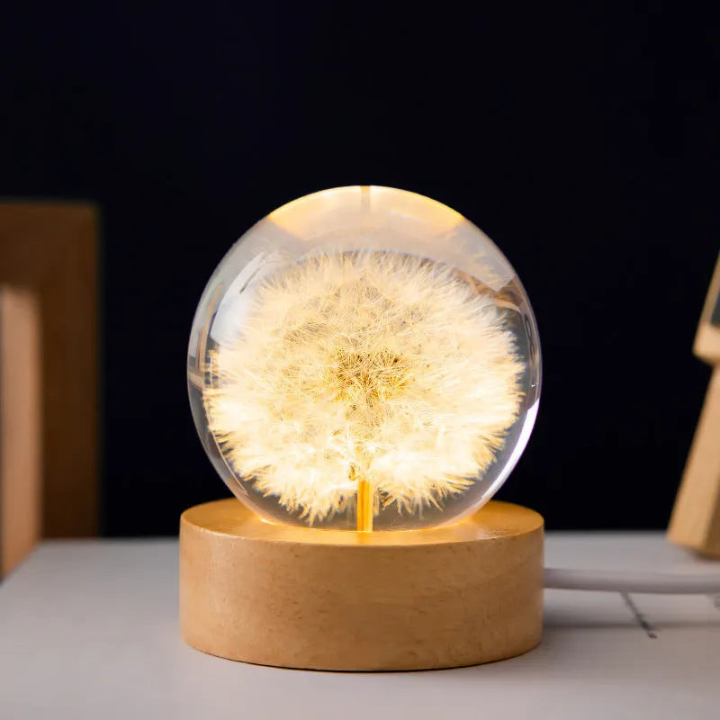 USB dandelion crystal ball night light on beech wood stand, 6cm diameter.