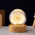 USB dandelion crystal ball night light on beech wood stand, 6cm diameter.