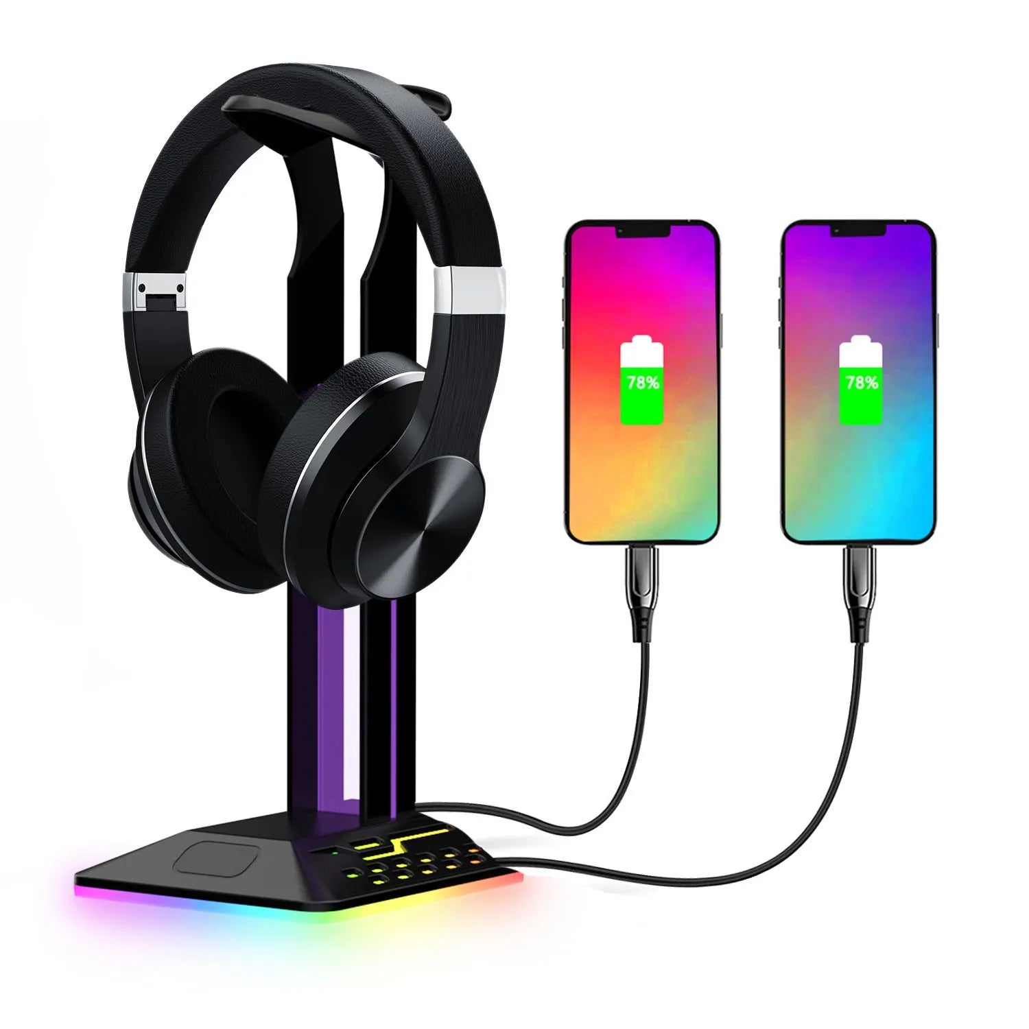 RGB colour changing headset display bracket with dual USB ports holding gaming headphones