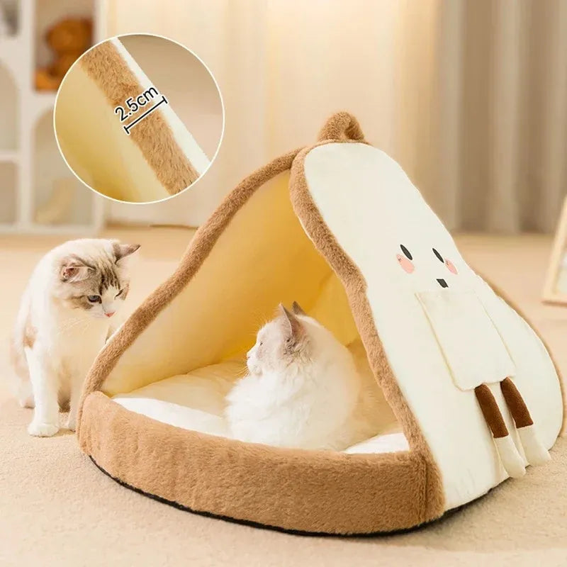 Warm winter cat tent made of felt in green colour, folded and ready for use