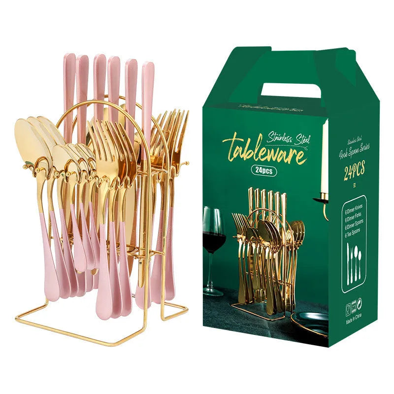 24-piece gold stainless steel dinnerware set with storage rack including knives forks spoons teaspoons