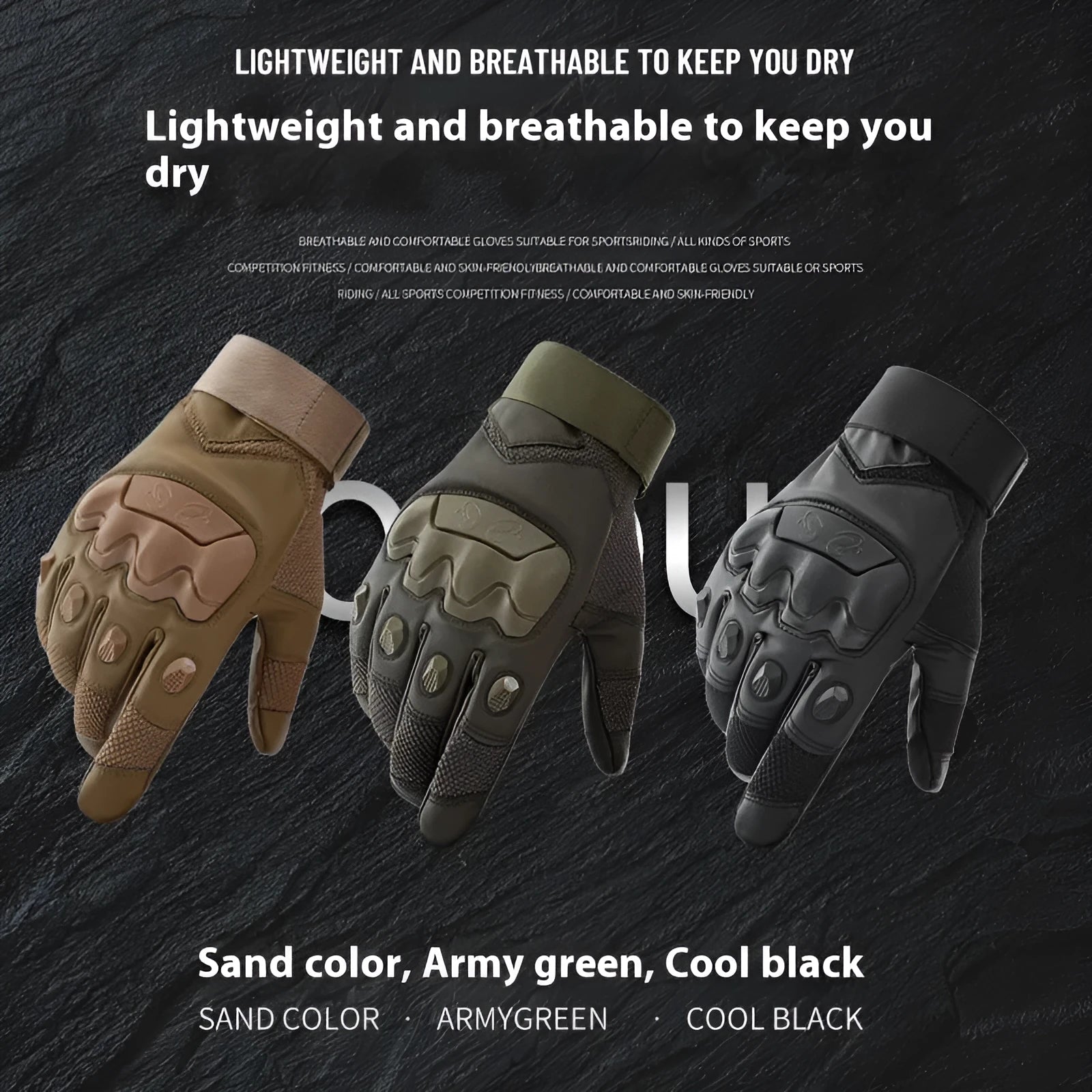 Men's black tactical gloves with touch screen compatible fingertips shown in medium size