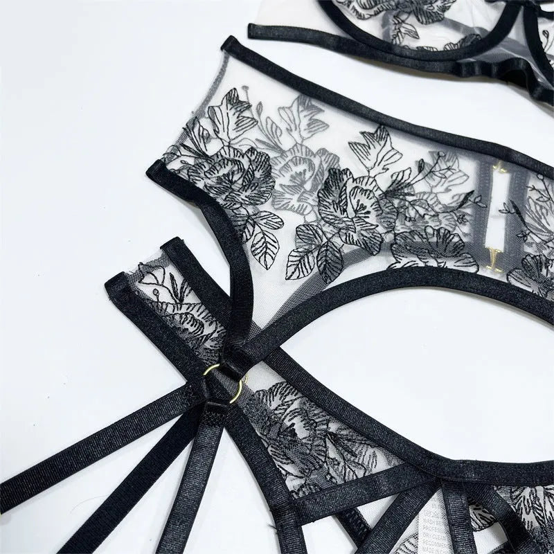 Black lace mesh three-piece set for women with floral print, showing top, trousers, and waist ring.