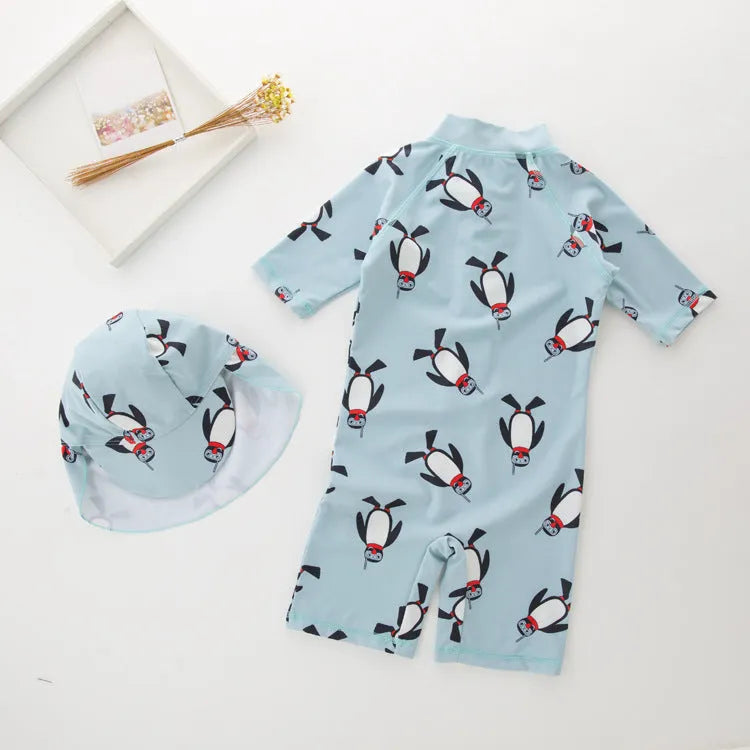 Boys' long sleeve swimming costume two-piece set with swim cap in penguin pattern