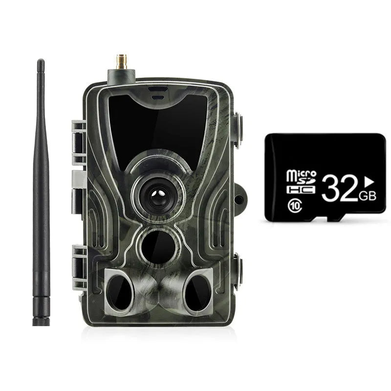 Outdoor surveillance camera with camouflage finish showing 120-degree lens and waterproof ABS housing