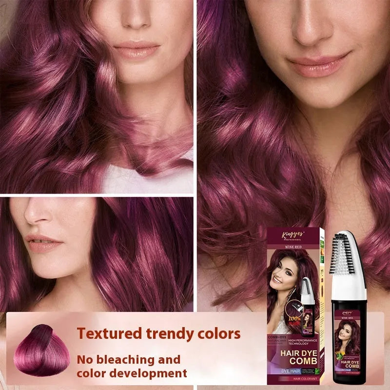 Hair dye comb applicator showing brown, dark brown, and wine red permanent colour options