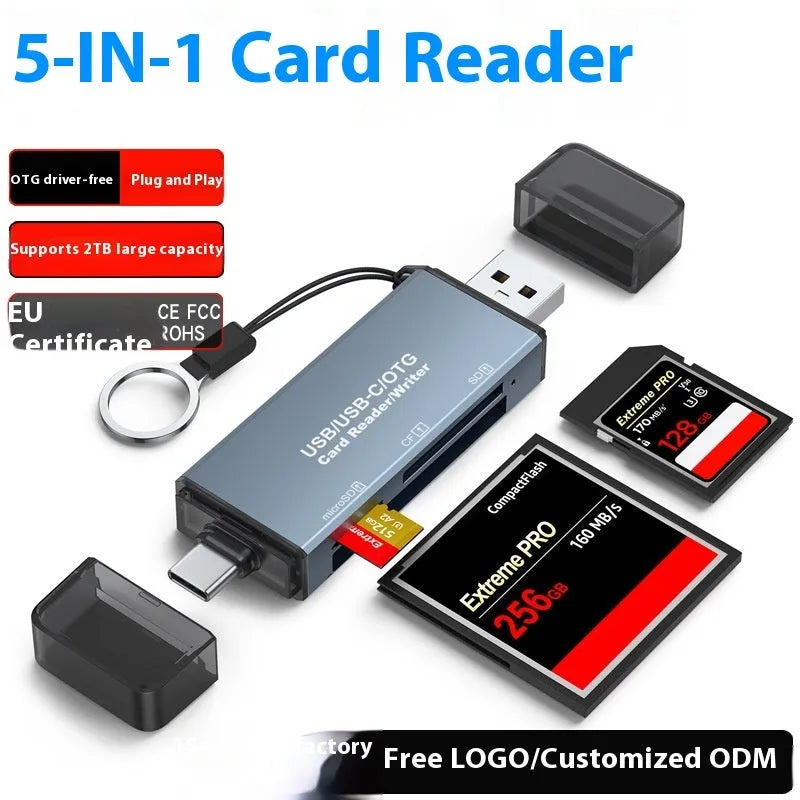 Compact aluminium alloy CF SD TF three-in-one USB card reader on a white background