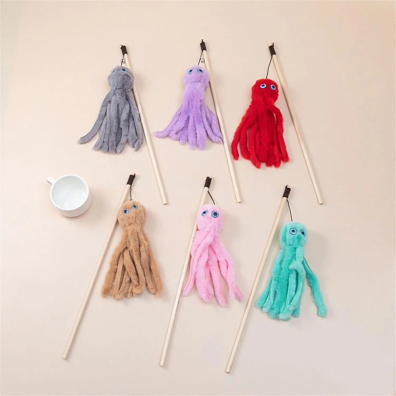 Furry octopus cat toy on long stick in bright colours for indoor kittens