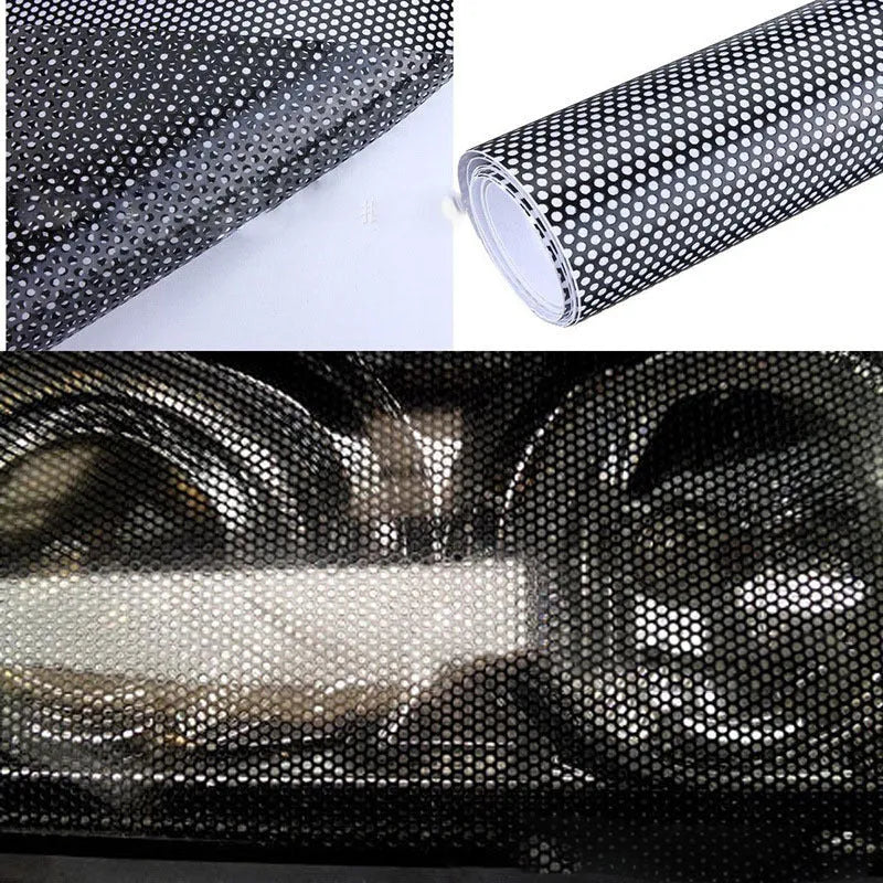 Perforated automotive colour changing film roll showing mesh design and dimensions
