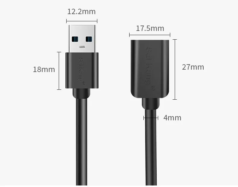 Black USB extension cable with male and female connectors, showing its length options from 1 to 5 metres.