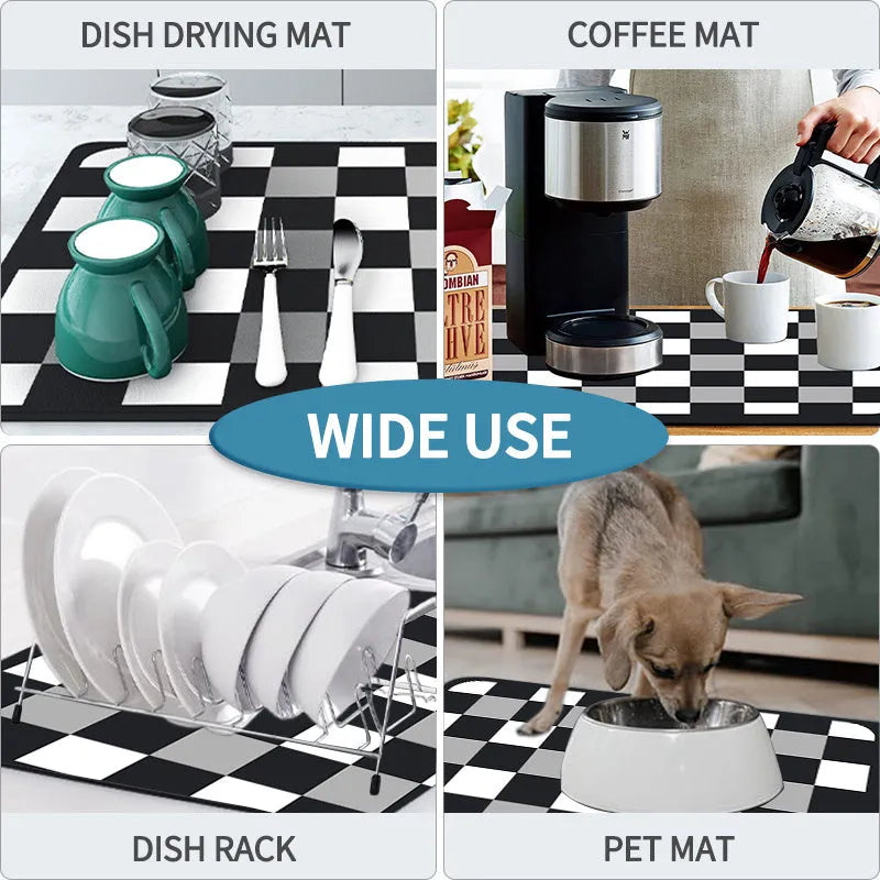 Super absorbent dish drying mat with PU leather surface and non-slip rubber backing, 30x40cm size in black