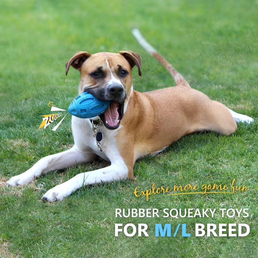 Blue, green, and orange rubber squeaky dog toy ball with grooved surface for aggressive chewers.