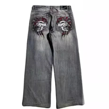 Grey washed-out men's jeans with a straight wide-leg cut and mid-rise waist
