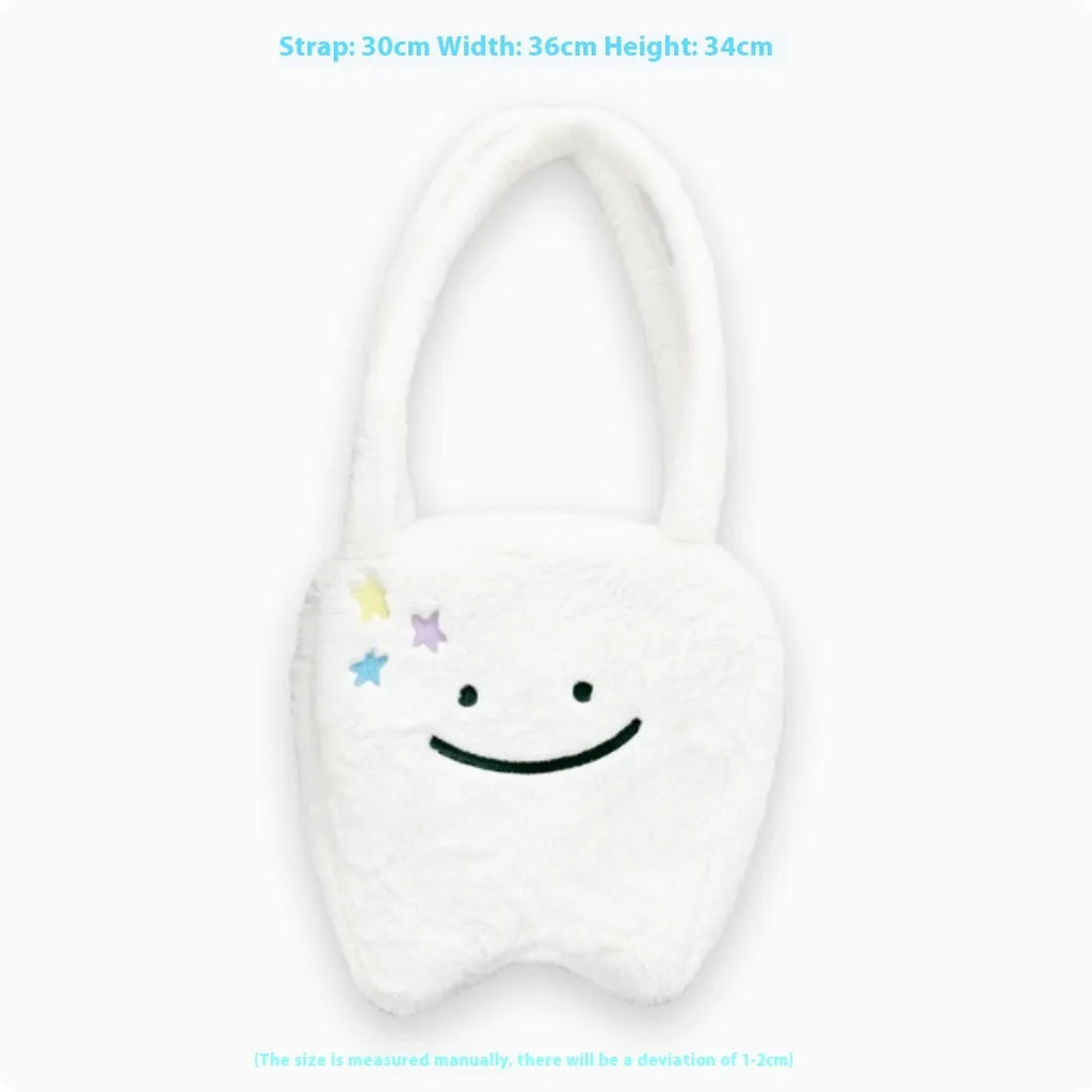 White plush large tooth shoulder tote bag with zipper closure and unisex design
