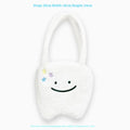 White plush large tooth shoulder tote bag with zipper closure and unisex design