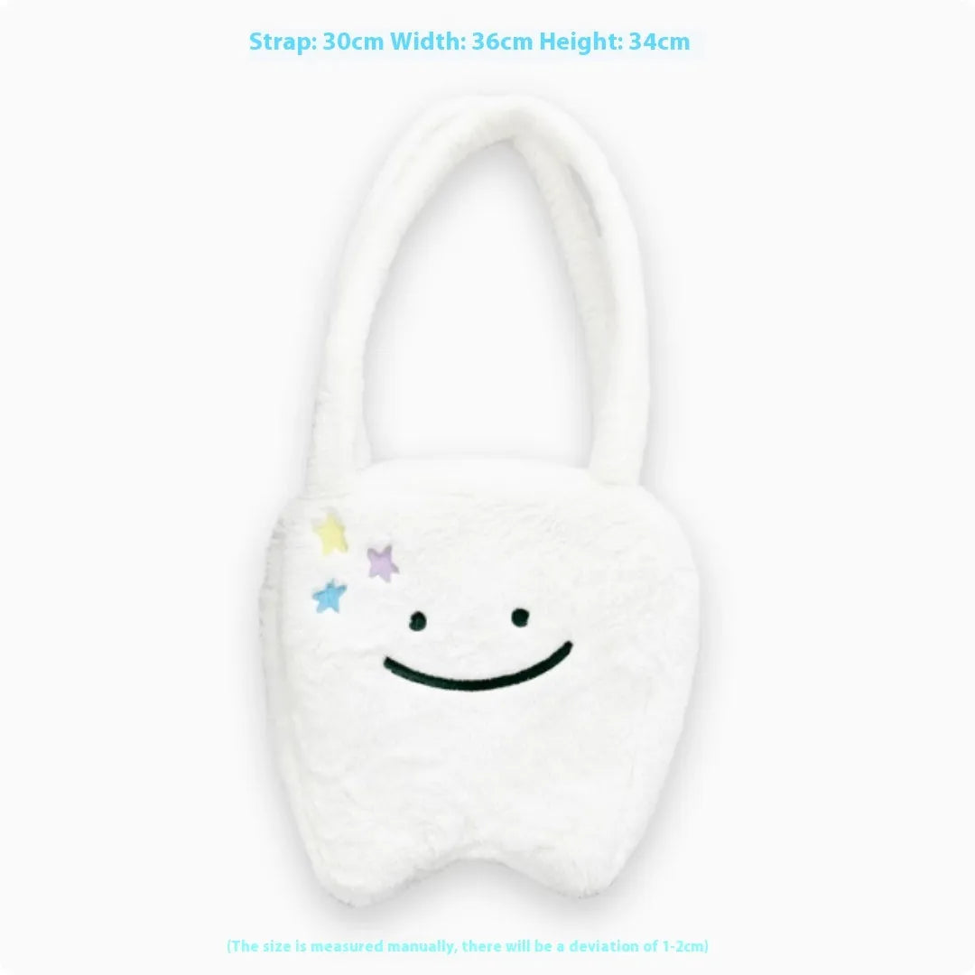 White plush large tooth shoulder tote bag with zipper closure and unisex design