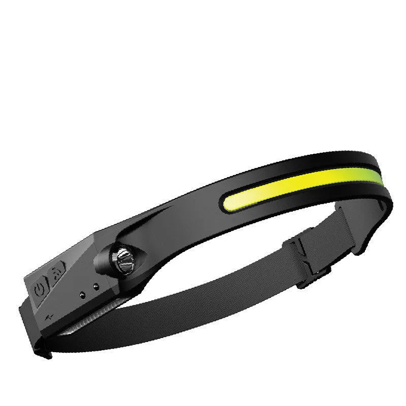 COB LED induction headlamp with USB rechargeable, 230-degree beam and 100m range side LED on a person wearing it outdoors