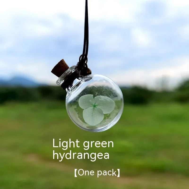 Glass fire extinguisher shaped pendant with preserved hydrangea flowers for car interior decoration