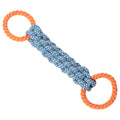 Blue braided cotton double-ring dog teething toy on white background