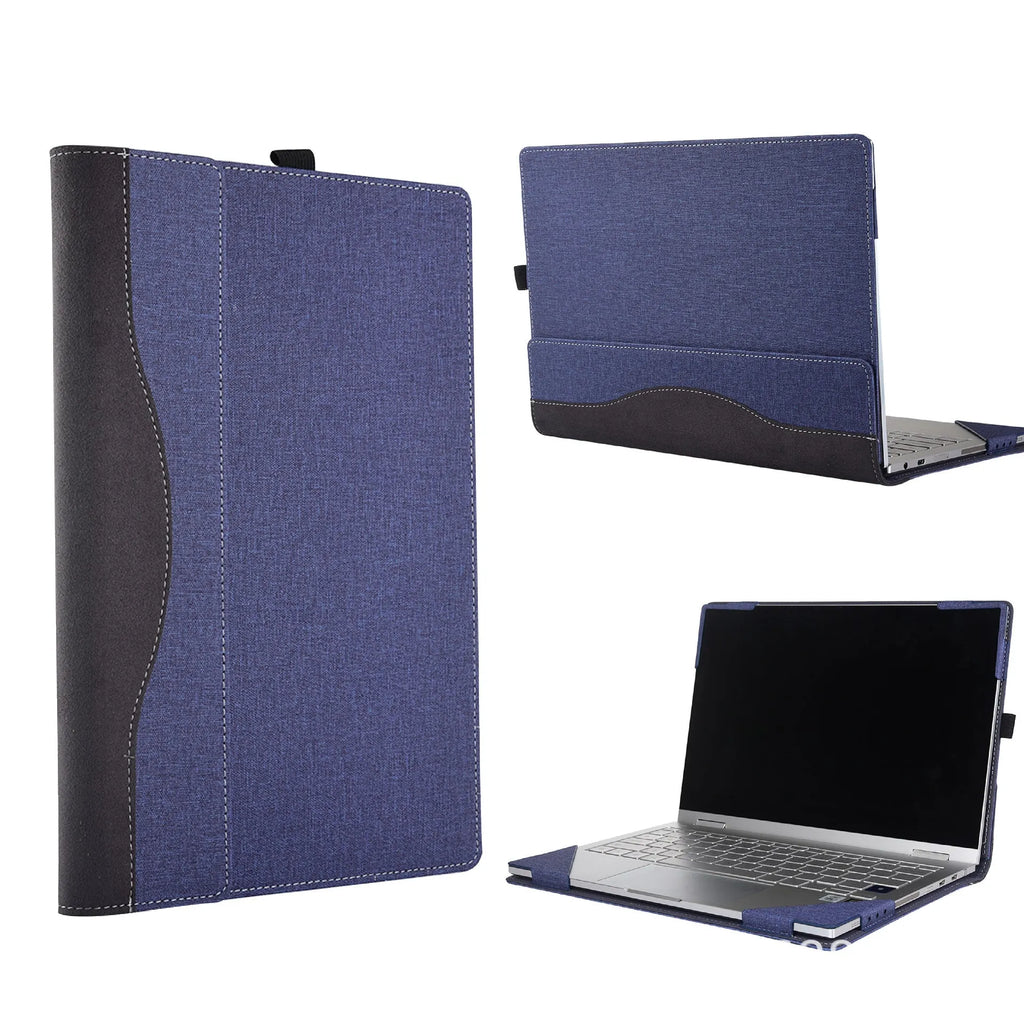 Black imitation leather Microsoft laptop protective sleeve with bracket design and Chinese craft fabric detailing