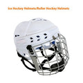 Ice hockey helmet with carbon steel face mask showing impact-resistant shell and cushioned lining