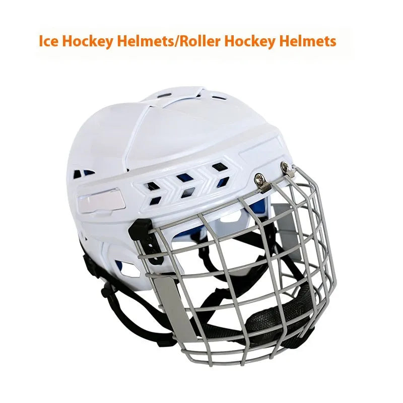 Ice hockey helmet with carbon steel face mask showing impact-resistant shell and cushioned lining