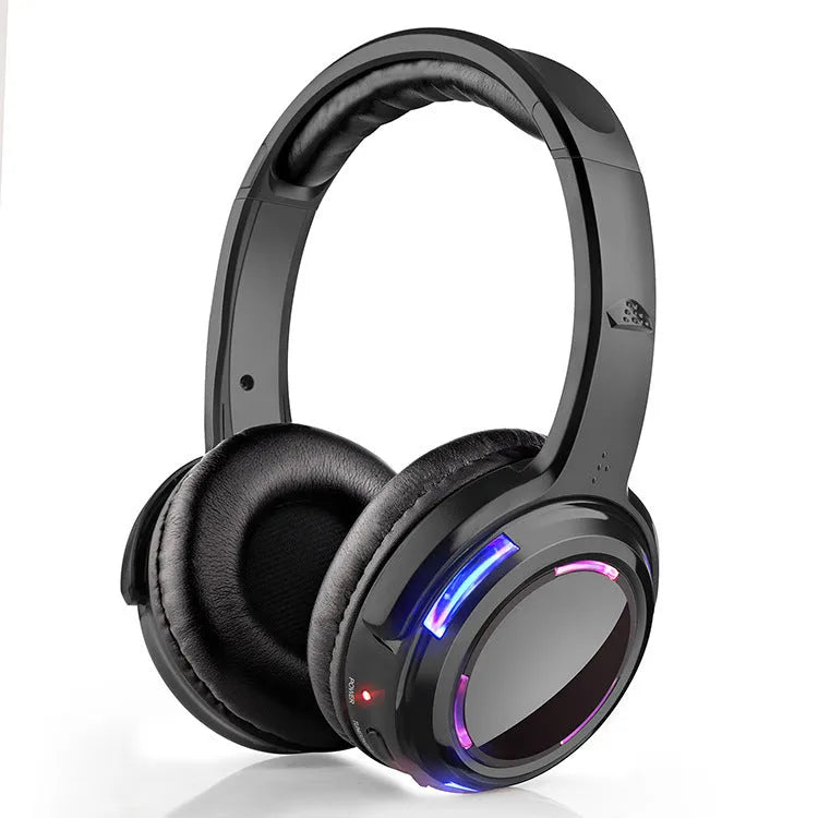 Black silent disco wireless headphones with over-ear design and 3.5mm plug