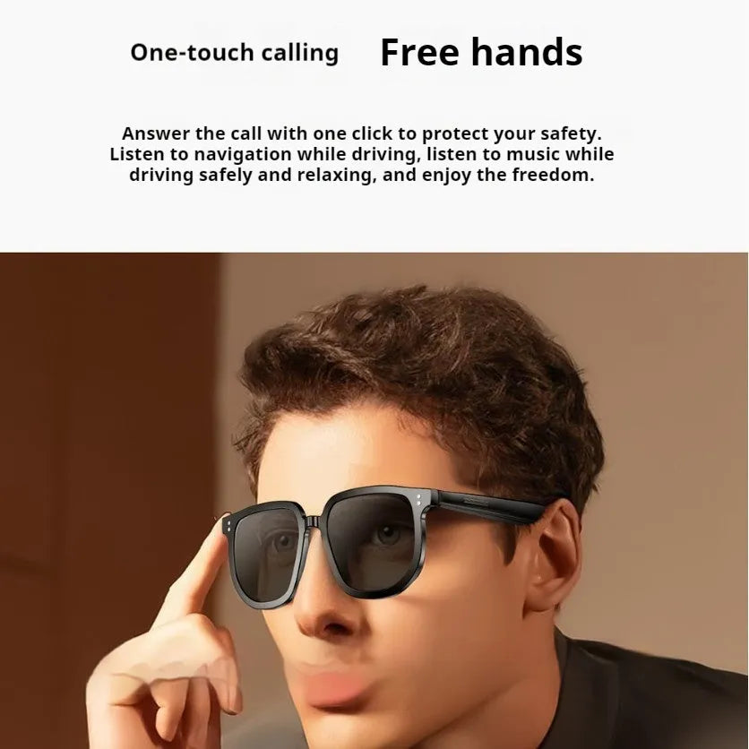 Black Bluetooth smart glasses with UV protection lenses and touch control for audio functions