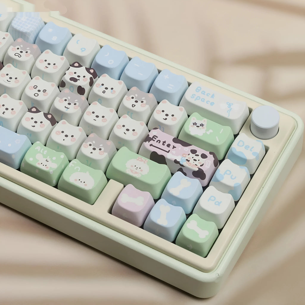 Cute puppy themed 26-key PBT plastic key cap set for mechanical keyboards with sublimated artwork
