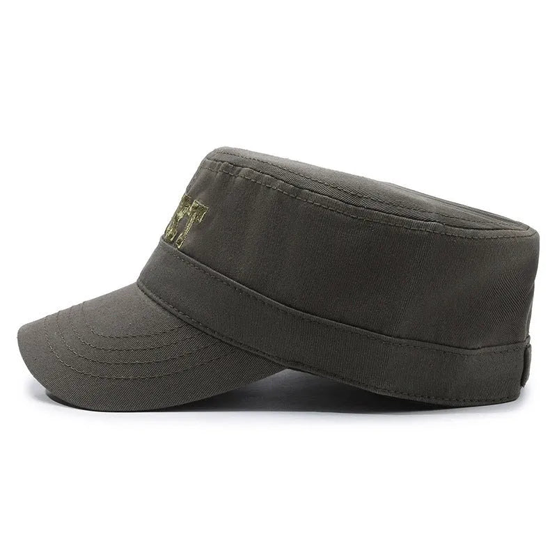 Men's adjustable cotton peaked cap in army green with dome crown and English letter print.