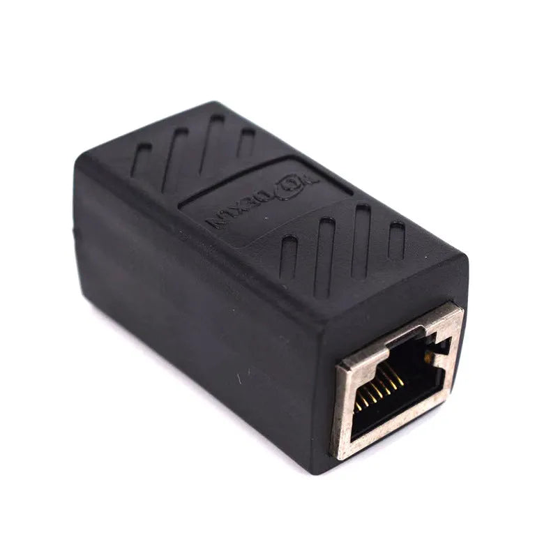 Black RJ45 network cable extender adapter showing connection ports for ethernet patch cables
