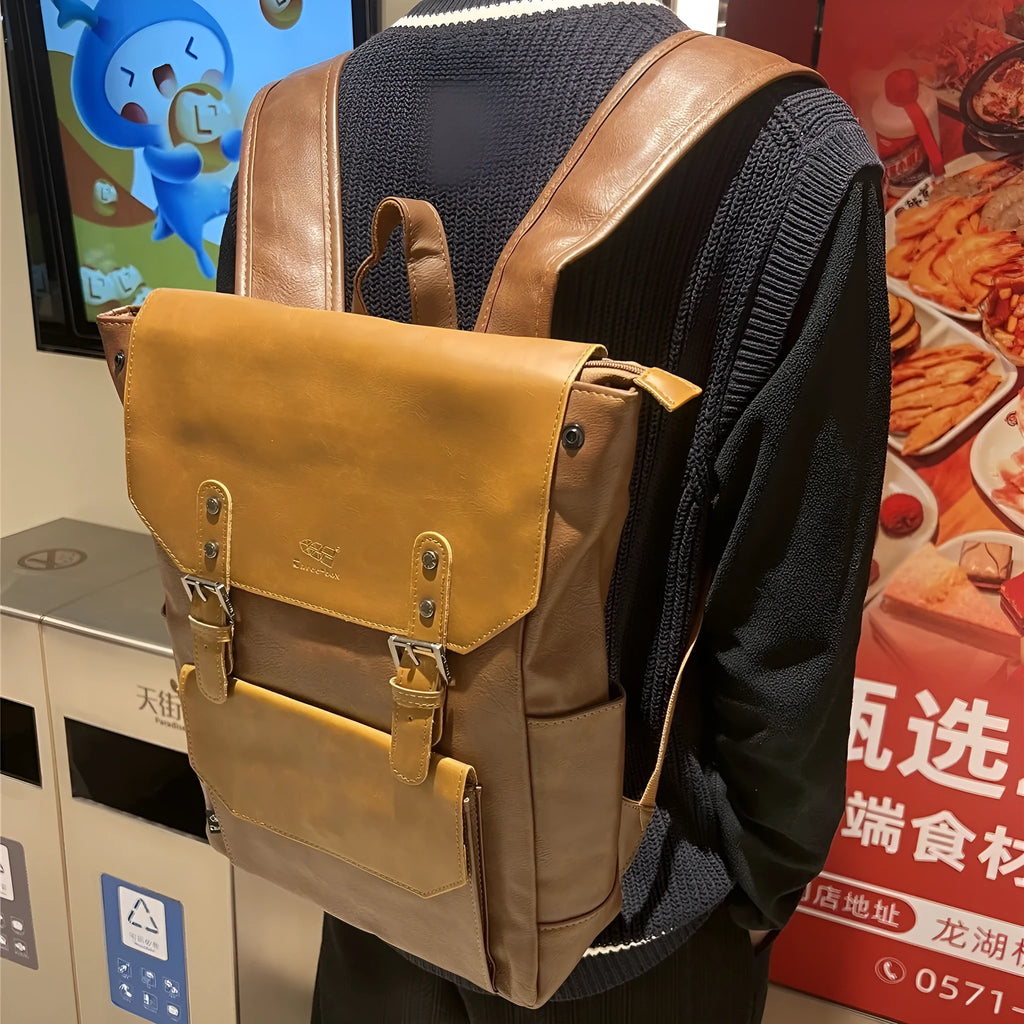 Unisex backpack large capacity PU leather solid colour black brown travel business college