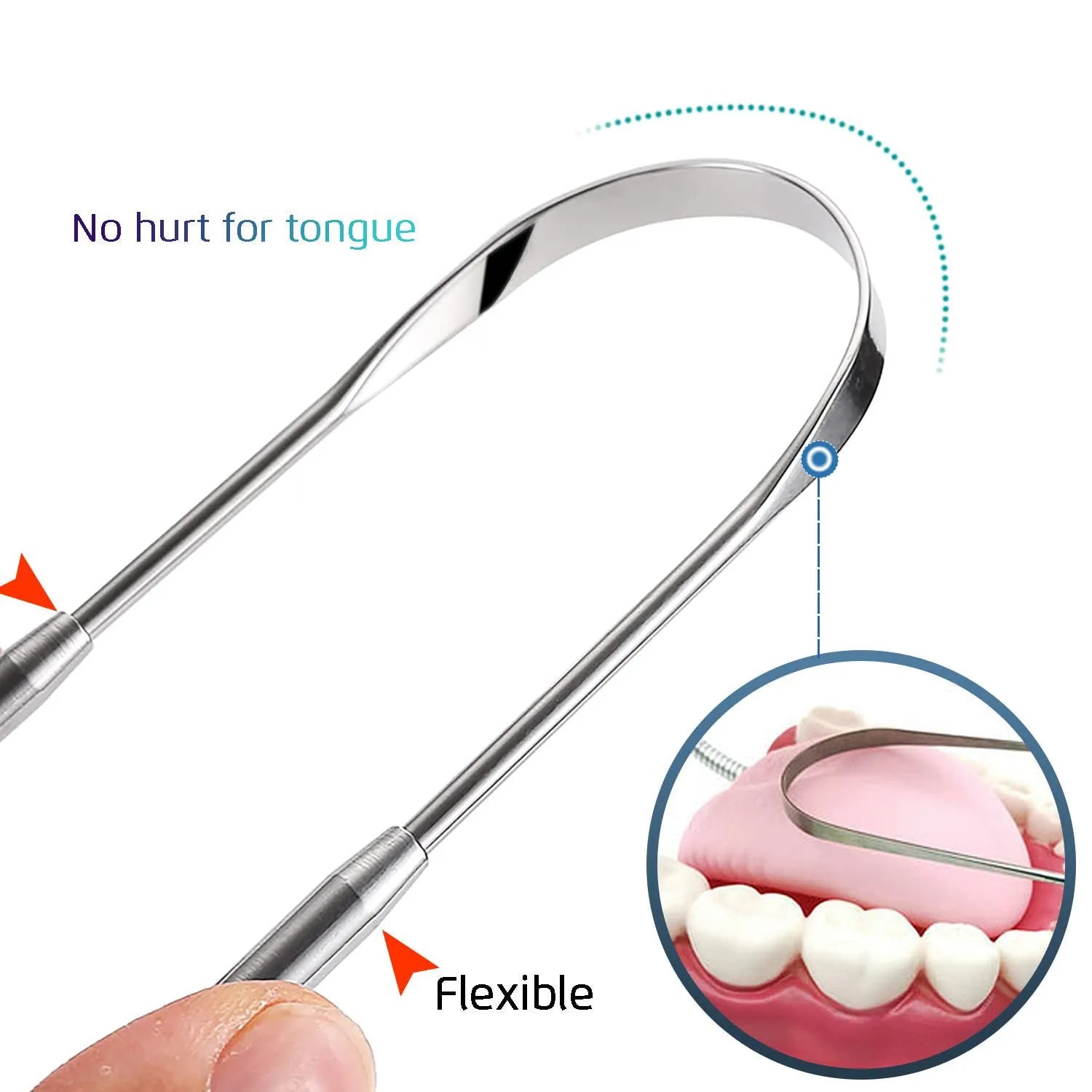 Stainless steel tongue coating cleaner set with two U-shaped scrapers in pearlescent bags