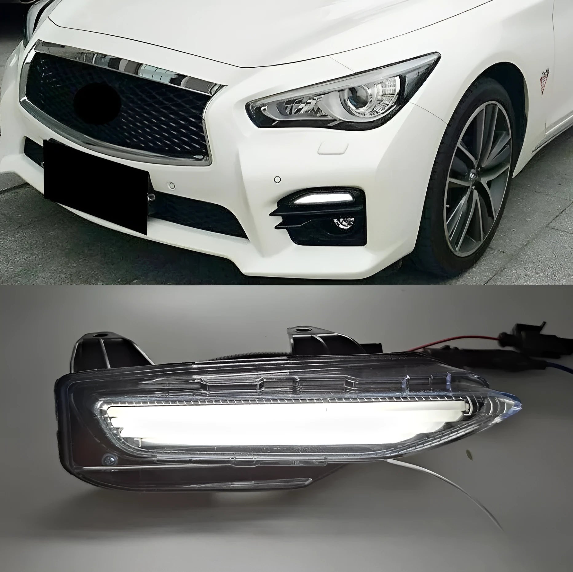 Infiniti Q50 Q70 front bumper LED daytime running and turn signal light unit with ABS housing.