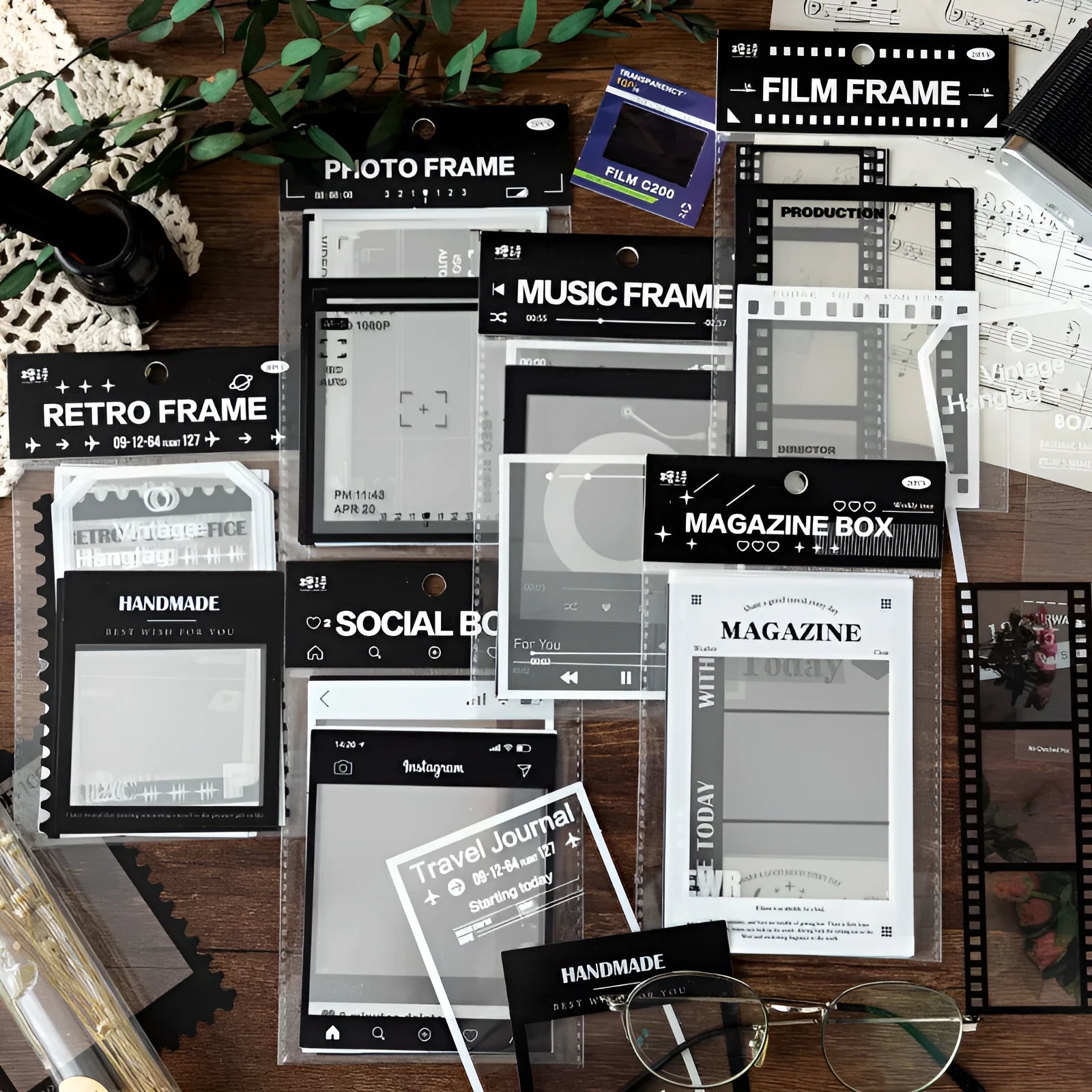 Frame Series retro journal stickers pack showing photography, film, magazine, music, and social frame designs on transparent PET paper