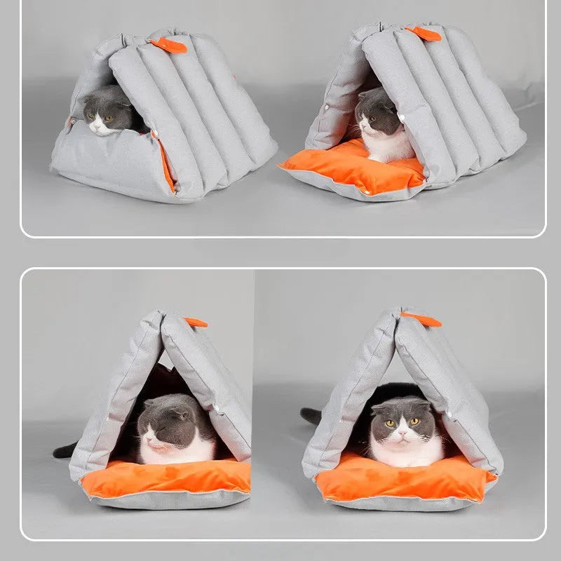 Triangular 100% cotton cat nest with removable cover in blue, 45x38x38cm, showing drilled holes for combination
