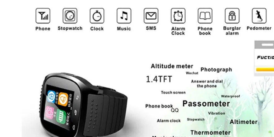 Smart Bluetooth sports watch in black white blue colours with iOS Android compatibility