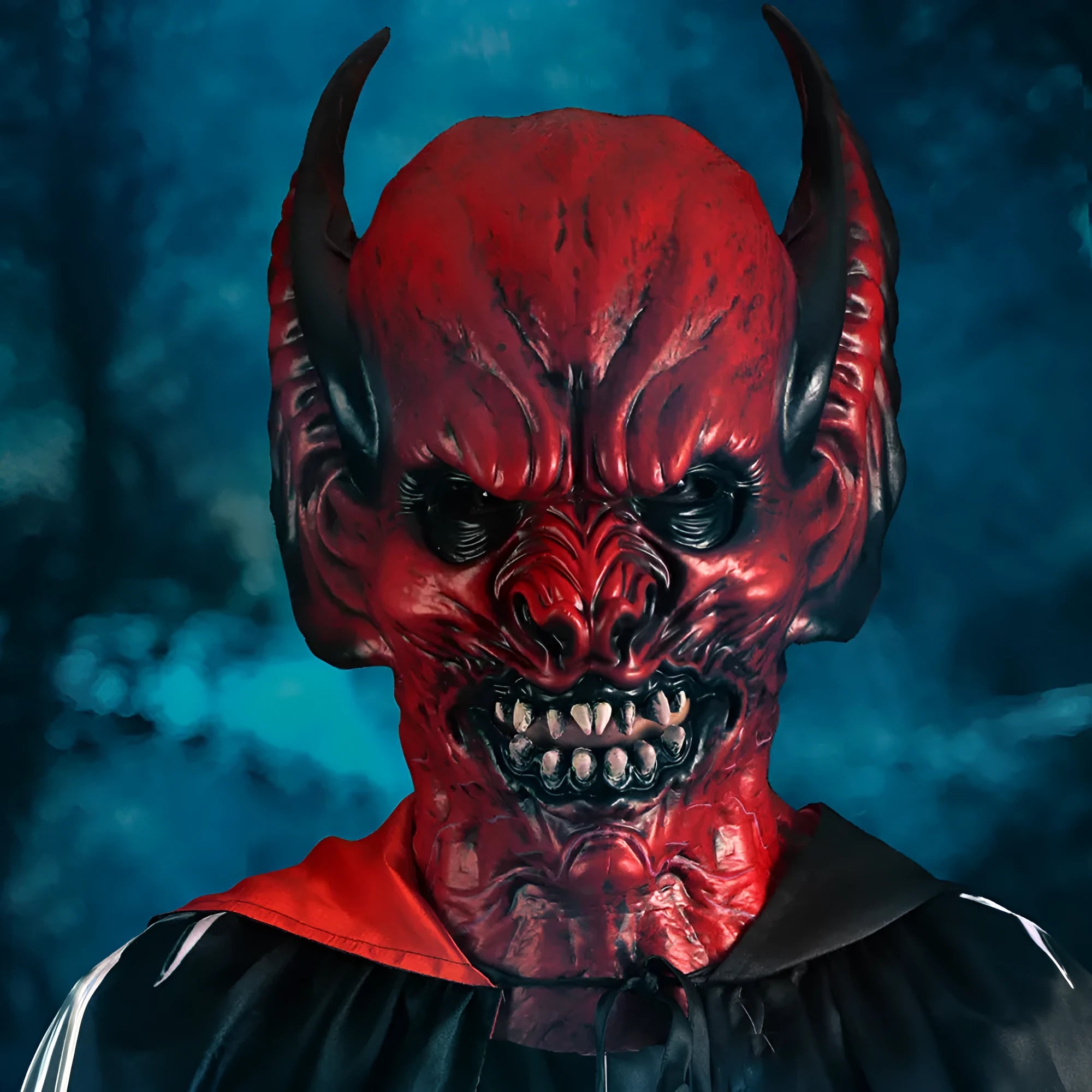 Red bat themed party hood mask for horror costume and dress up events.
