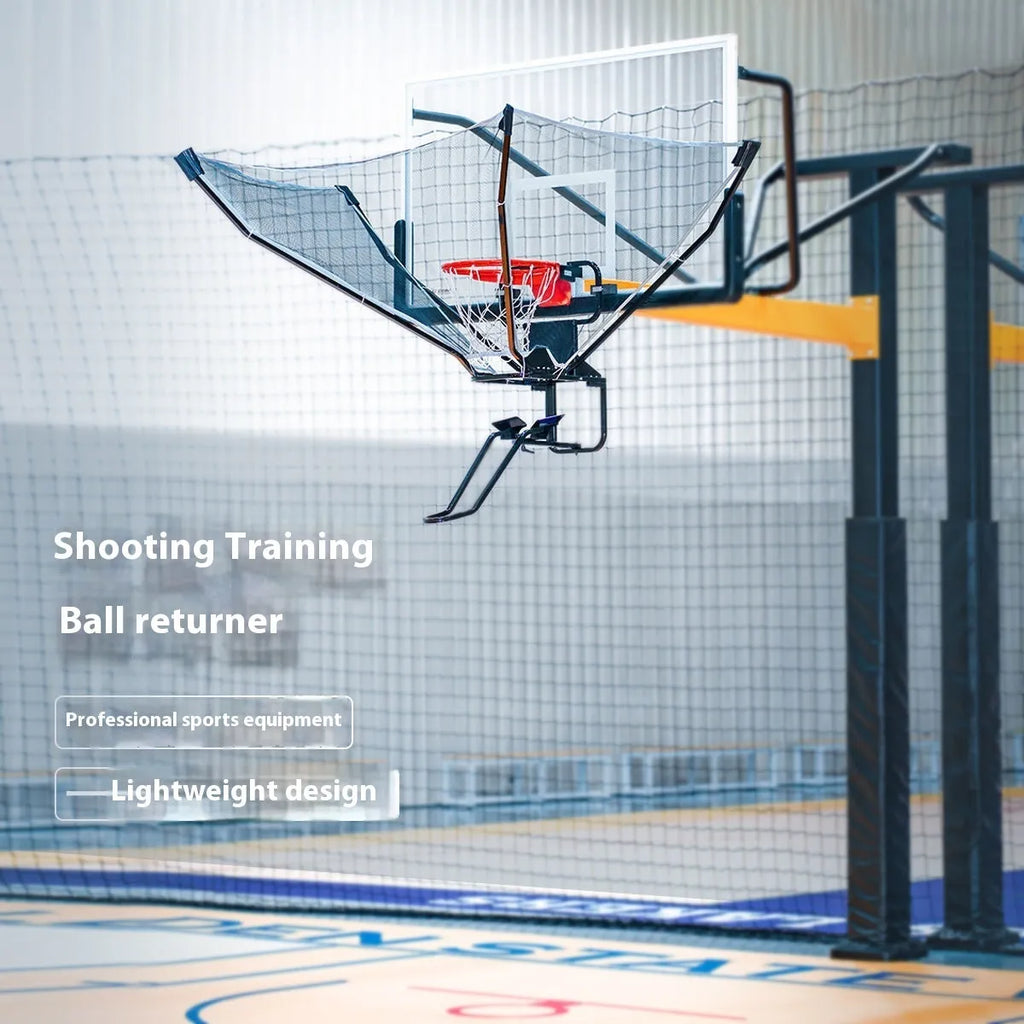 Automatic basketball pitching trainer with hanging ball return net for solo practice