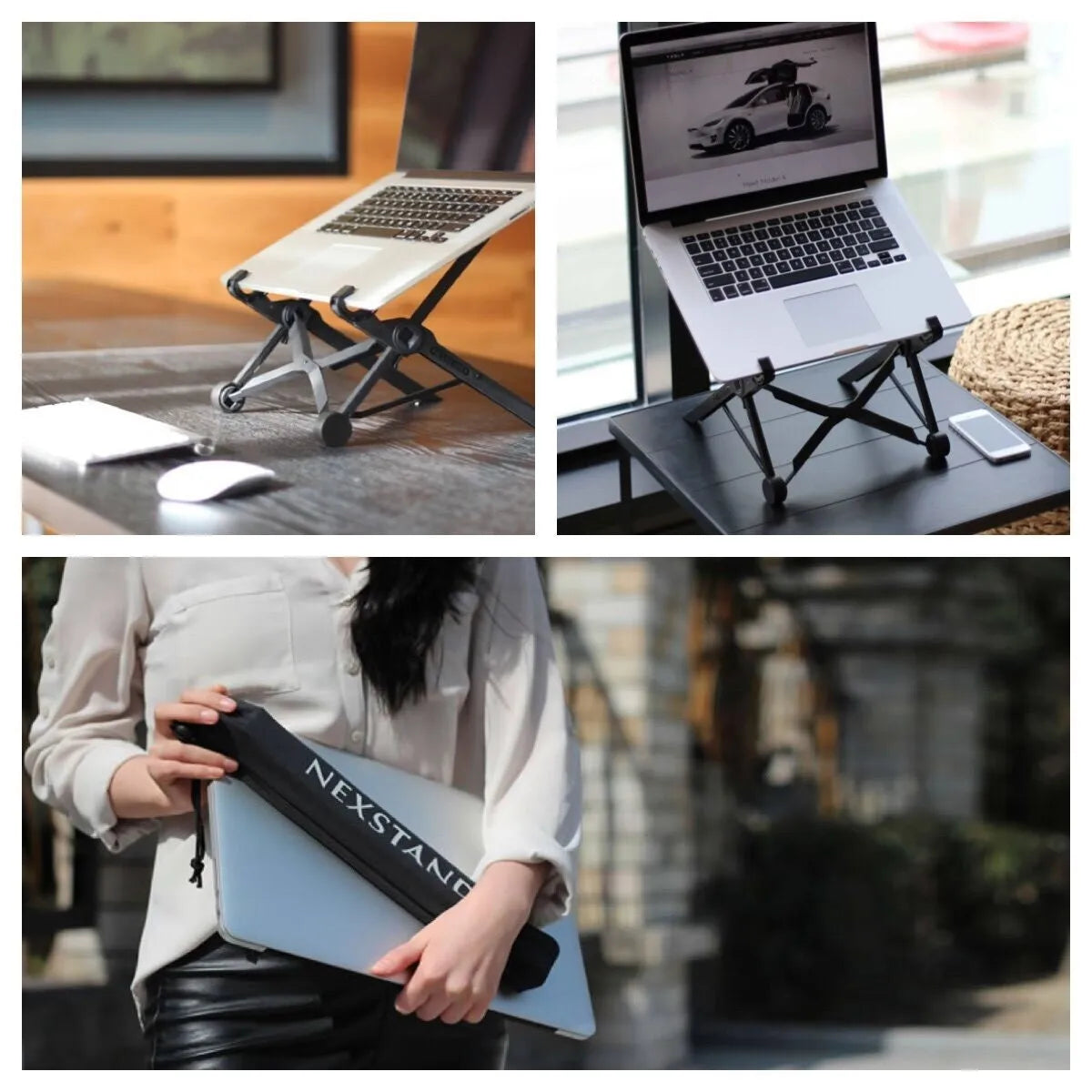 Folding portable laptop stand in sagacious black showing 40 cm width and folded position