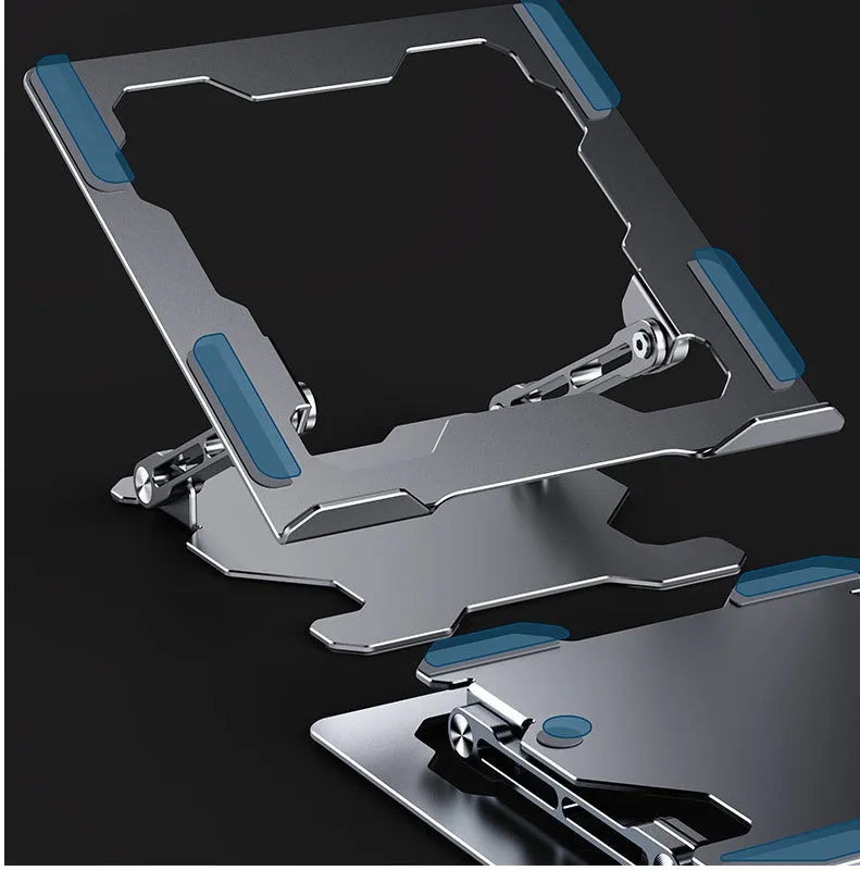 Aluminum adjustable and foldable laptop stand in grey on a desk.