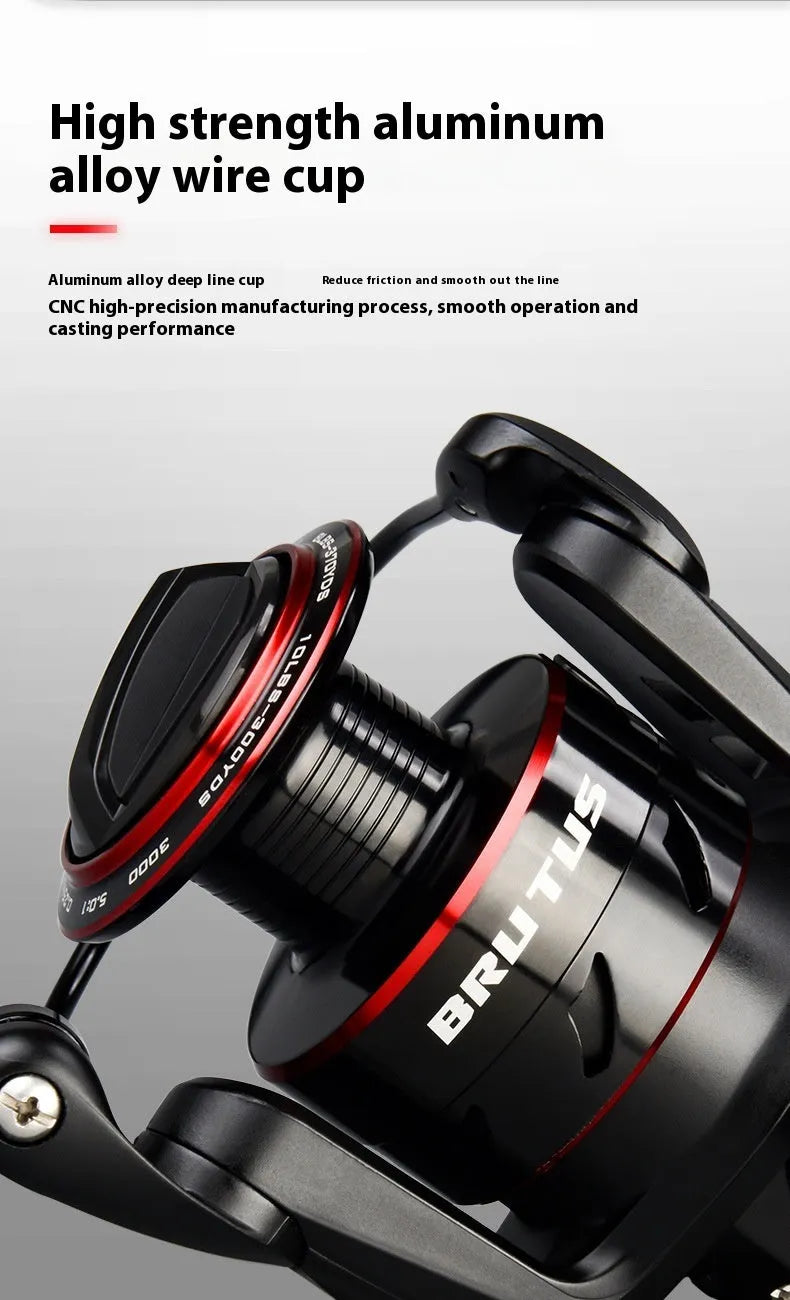All metal spinning fishing reel in 2000 series on white background