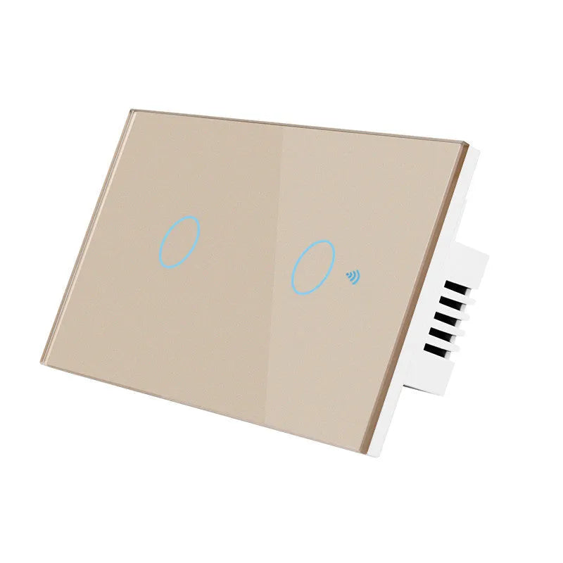White 2-gang RF remote control light switch with tempered glass touch panel and LED indicators