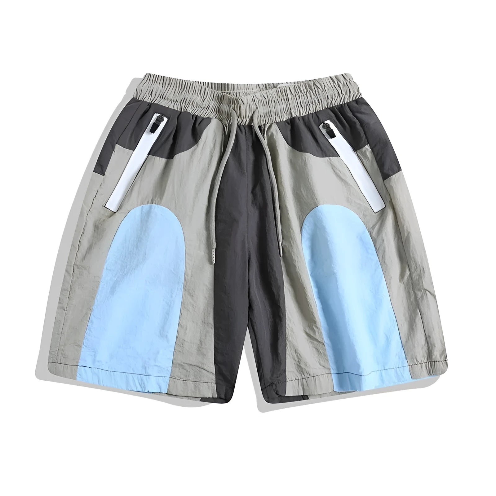 Blue patchwork quick-drying shorts with loose straight-leg styling and micro-elastic waistband