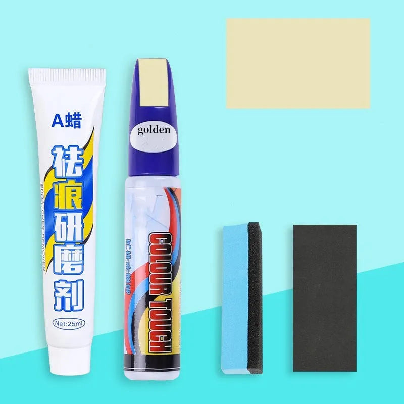 Automotive paint repair pen scratch repair fluid kit with paint pen, wax, sponge, and sandpaper.