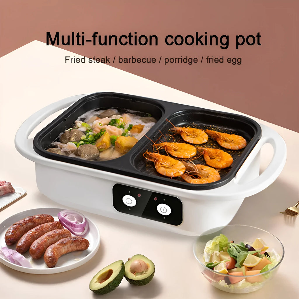 Green and white dual-function electric caldron and frying oven with mechanical controls and 1300W power rating
