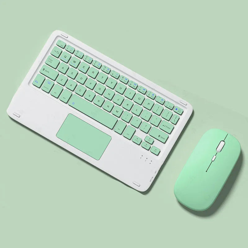 Bluetooth wireless keyboard and dual-mode rechargeable mouse set in pink colour on a desk.