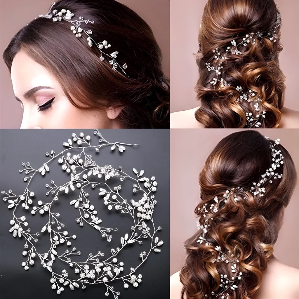 Wedding hair band with crystal pearls and wire construction in gold silver rose gold colours