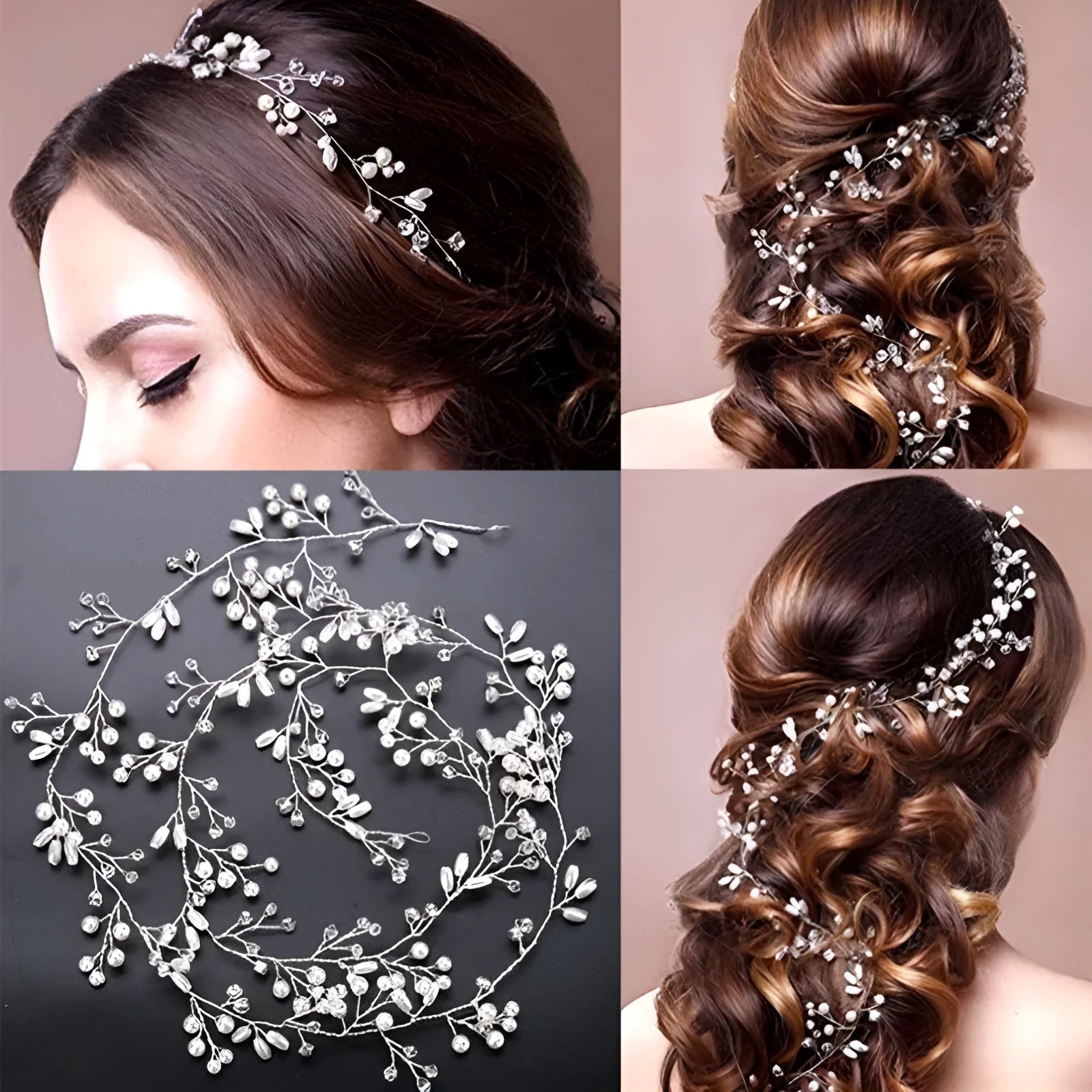 Wedding hair band with crystal pearls and wire construction in gold silver rose gold colours