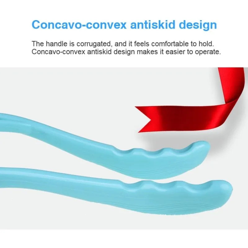 Blue plastic swan-shaped handheld neck massager with a flexible stand on a white background.